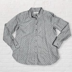 LOFT Button Up Shirt Womens S Grey Cotton Flocked Black Ditsy Polka Dot Career
